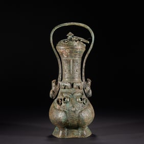 Chinese Bronze Carved Beast Face Pattern Handle Pot