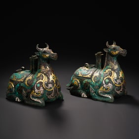 Pair of Chinese Bronze Gold and Silver Inlaid Carved Beast Shape Figure