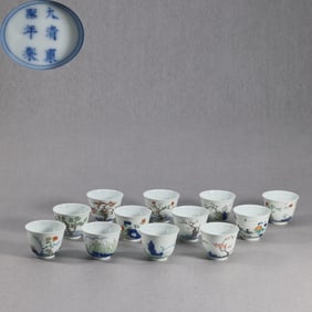 Group of Twelve Doucai Flower Pattern Porcelain Cup