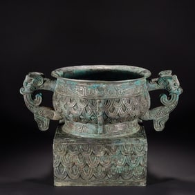 Chinese Bronze Carved Beast Face Pattern Double Ears Pot