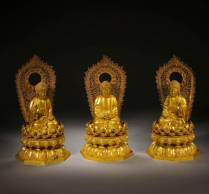 Group of Three Gilt Bronze Sakyamuni Figure