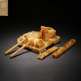 Group of Nine Jade Carved Dragon Stone Seal and Paper Weight & Writing Brush