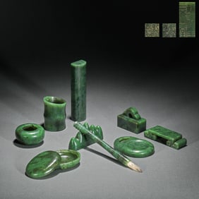 Group of Nine Jasper Jade Stone Seal and Paper Weight & Writing Brush