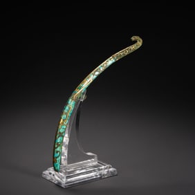 Chinese Bronze Gold and Silver Inlaid Turquoise Carved Dragon Shape Belt Hook