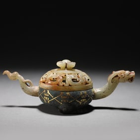 Bronze Gold and Silver Inlaid Jade Carved Dragon Shape Pot