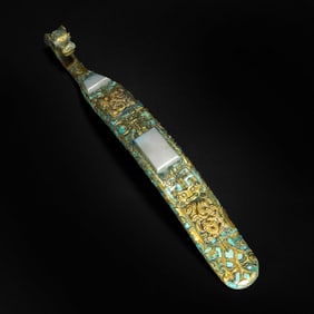 Chinese Bronze Gold and Silver Inlaid Jade Carved Dragon Shape Belt Hook