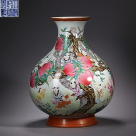 Enamel Drawing Peach and Playing Children Pattern Porcelain Vase