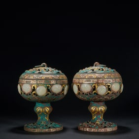 Pair of Chinese Bronze Gold and Silver Inlaid Jade Carved Dragon Pattern Incense Burner