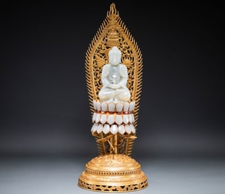 Jade Buddha Figure and Gilt Bronze Base