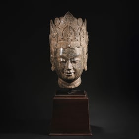 Grey Stone Buddha Head Figure