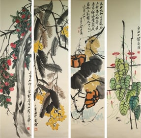 Group of Four Chinese Drawing Flower Painting,Qi Baishi Mark