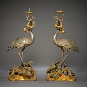 Pair of Gilt Silver Carved Crane Shape Candlestick
