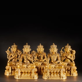 Group of Five Gilt Bronze GuanYin Figure