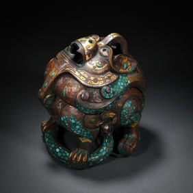 Bronze Gold and Silver Inlaid Turquoise Carved Beast Shape Incense Burner