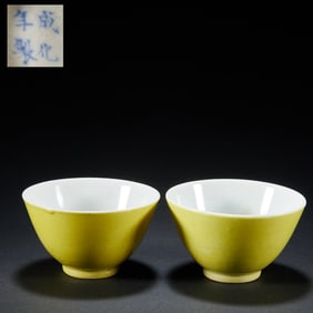 Pair of Yellow Glazed Porcelain Cup