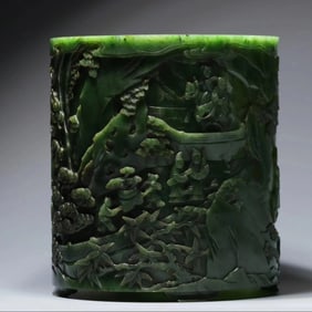 Jasper Jade Carved Character Story Pattern Brush Pot