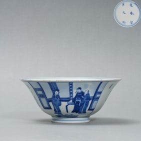 Blue and White Character Story and Poetry Pattern Porcelain Bowl