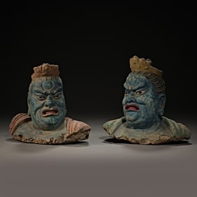 Pair of Mud Colour Painted Buddha Head Figure