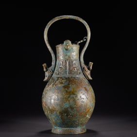 Chinese Bronze Carved Beast Face Pattern Handle Pot