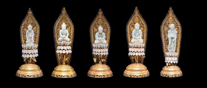 Group of Five Jade Carved Buddha Figure and Gilt Bronze Base