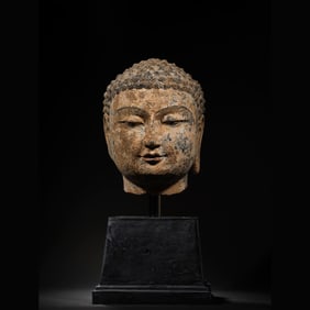 Grey Stone Buddha Head Figure
