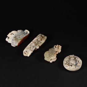 Group of Four Jade Carved Chi Dragon Pattern Sword Ornament