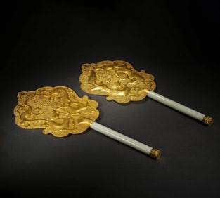Pair of Jade Inlaid Gilt Bronze Carved Dragon and Phoenix Pattern Fan