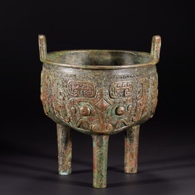 Chinese Bronze Carved Beast Face Pattern Double Ears Ding