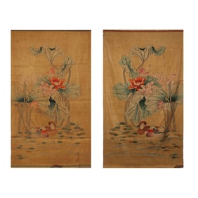 Pair of Silk Embroidery Lotus Flower and Mandarin Duck Pattern