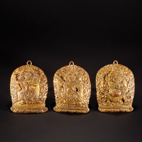 Group of Three Gilt Bronze Carved Mahakala Pattern Wall Panel