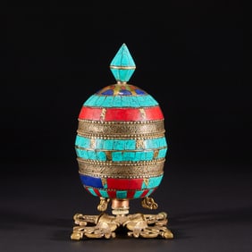 Gilt Silver Inlaid Turquoise Carved Flower Pattern Lid Pot