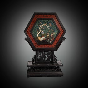 Rosewood Inlaid Jasper Jade and Gem Stone Carved Flower and Tree Pattern Table Plaque