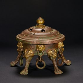 Gilt Bronze Carved Four Lion Foots Incense Burner