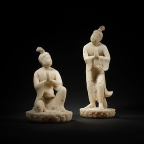 Pair of White Stone Carved GuanYin Figure