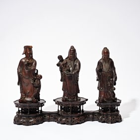 Group of Three Red Sandalwood Carved Character Figure