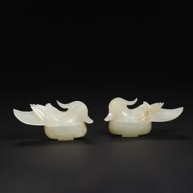 Pair of Jade Carved Mandarin Duck Shape Lid Box