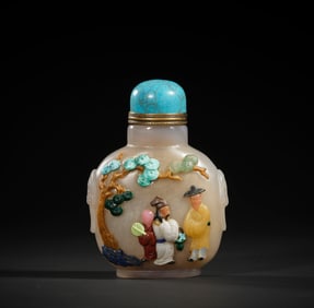Agate Inlaid Gem Stone Carved Pine Tree and Character Story Pattern Snuff Bottle