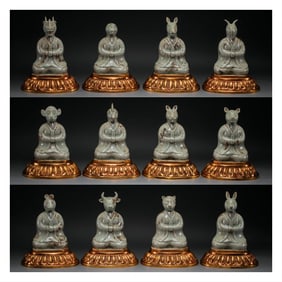 Group of Twelve Yue Ware Carved Chinese Zodiac Shape Porcelain Figure