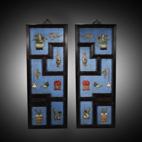 Pair of Red Sandalwood Inlaid Gem Stone Carved Flower and Flower Pot Pattern Wall Panel