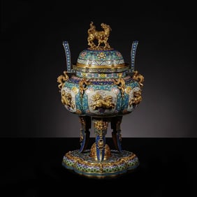 Bronze Cloisonne Carved Flower and Beast Pattern Double Ears Incense Burner