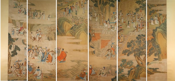 Group of Six Chinese Drawing Landscape and Character Story Painting,Yu Zhiding Mark