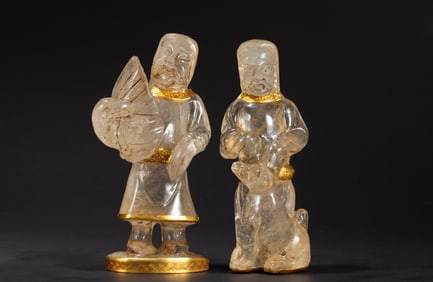 Pair of Agate Inlaid Gilt Bronze Carved Character Figure