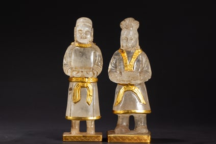 Pair of Agate Inlaid Gilt Bronze Carved Character Figure