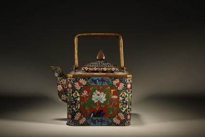 Bronze Cloisonne Carved Flower Pattern Handle Pot
