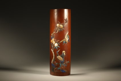 Bamboo Inlaid Multi GemStone Carved Crane and Peach Pattern Arm Rest