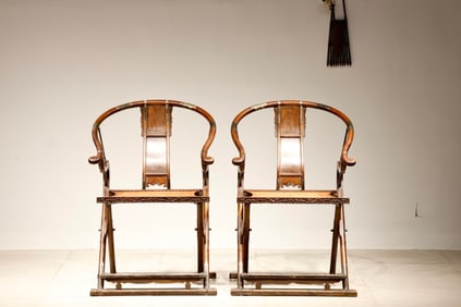 Pair of Huanghuali Wood Carved Reishi Mushroom Pattern Chair