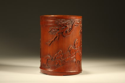 Bamboo Carved Pine Tree and Character Story Pattern Brush Pot
