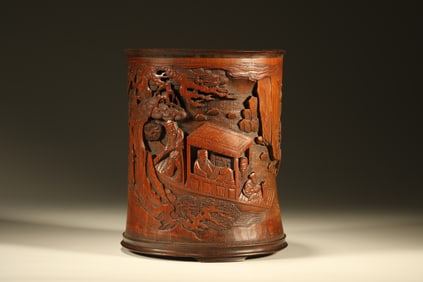 Bamboo Carved Pine Tree and Character Story Pattern Brush Pot
