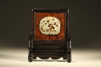 Red Sandalwood Inlaid Jade Carved Rabbit Pattern Table Plaque