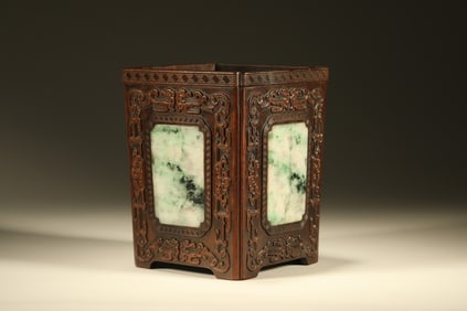 Red Sandalwood Inlaid Jadeite Carved Flower and Dragon Pattern Brush Pot